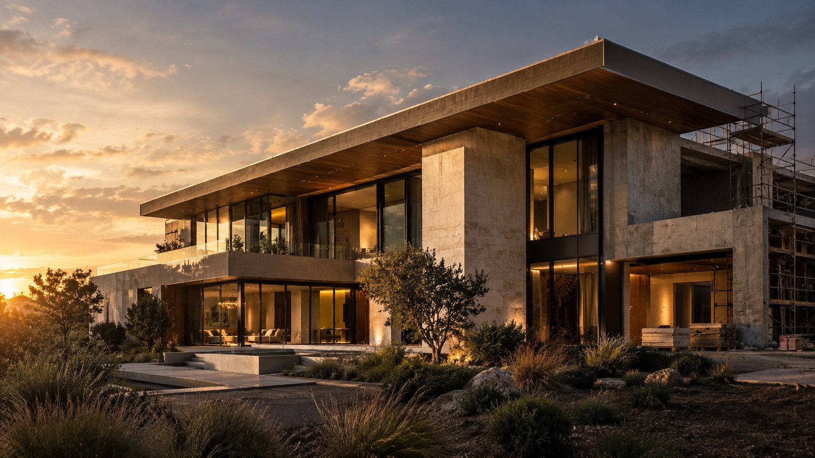 Contemporary residence with stone, glass and warm architectural lighting