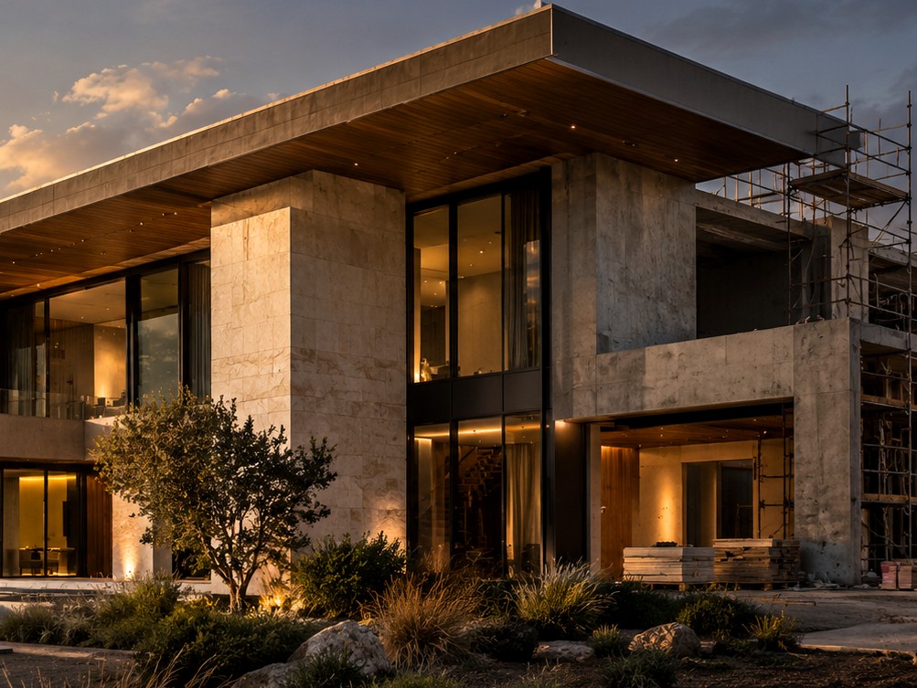 Architectural detail of modern concrete, glass and timber construction