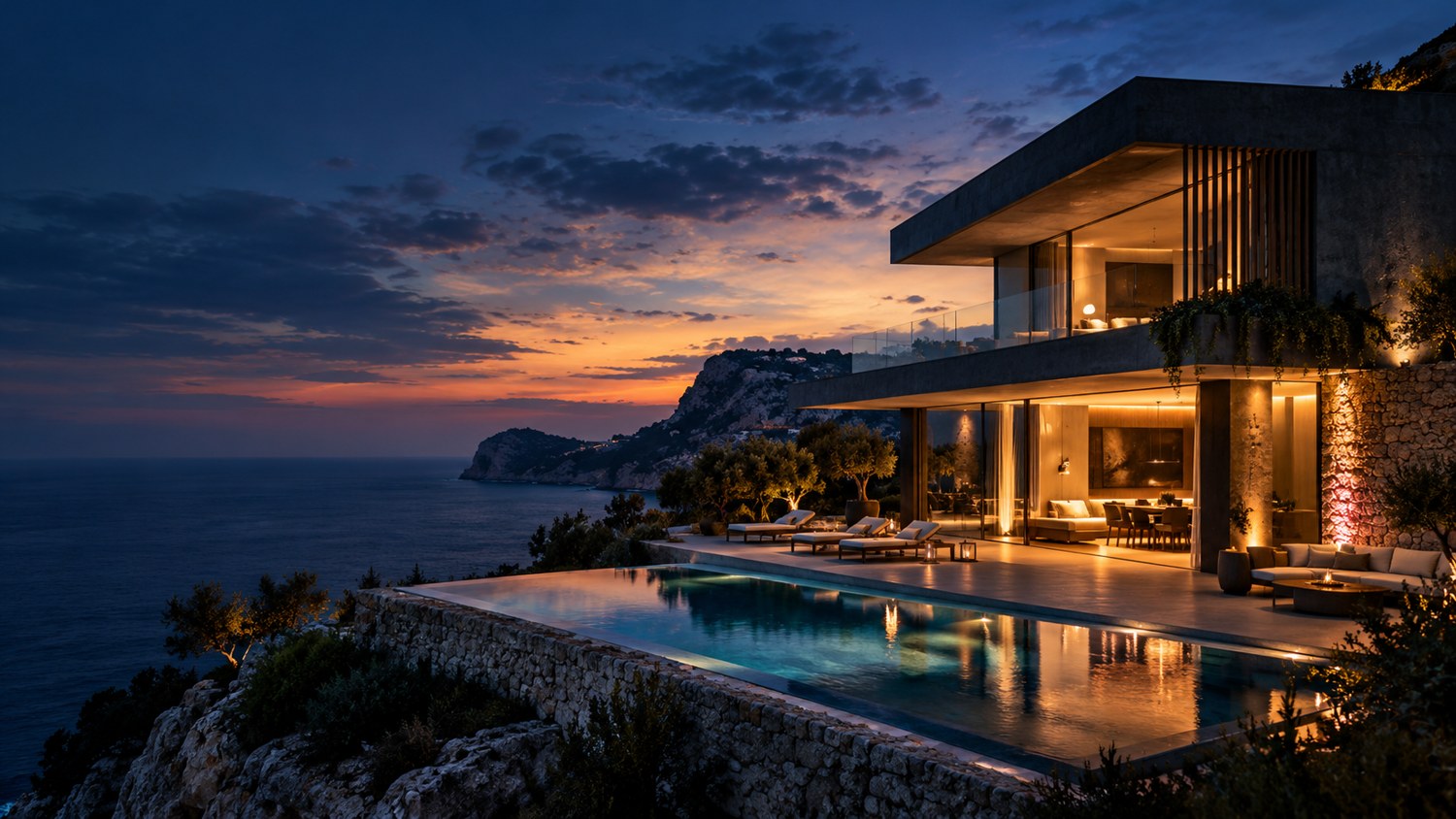 Contemporary architectural villa and landscaped approach